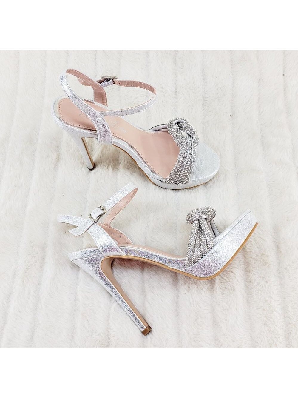 Gorgeous Silver Shimmery Platform Rhinestone High Heel Sandals Shoes - Picture 3 of 13